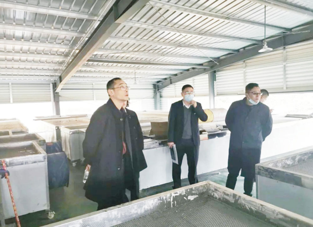 (圖為∶譚軍一行在茶場(chǎng)車間察看工程進(jìn)度)